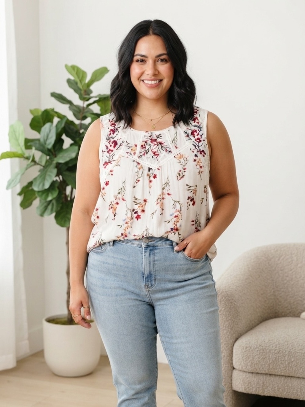 Floral Lace-Trim Sleeveless Blouse in Cream